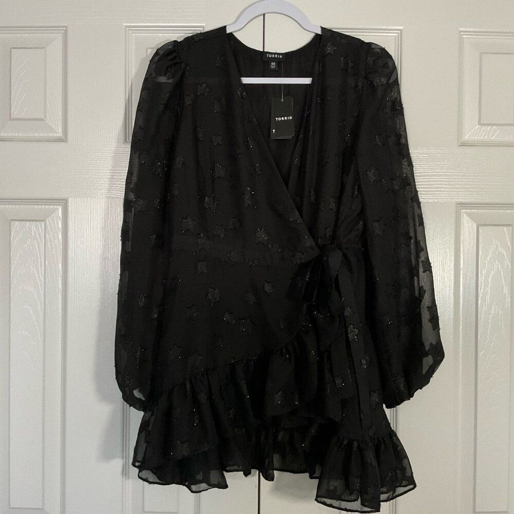 Torrid Shirt Lurex Star Surplice Ruffle Hem Top Black Plus Size 00 Long Sleeve